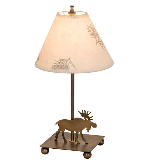 Meyda Lighting Pressed Foliage 15" Antique Copper Lone Moose Accent Table Lamp With Beige Shade Glass