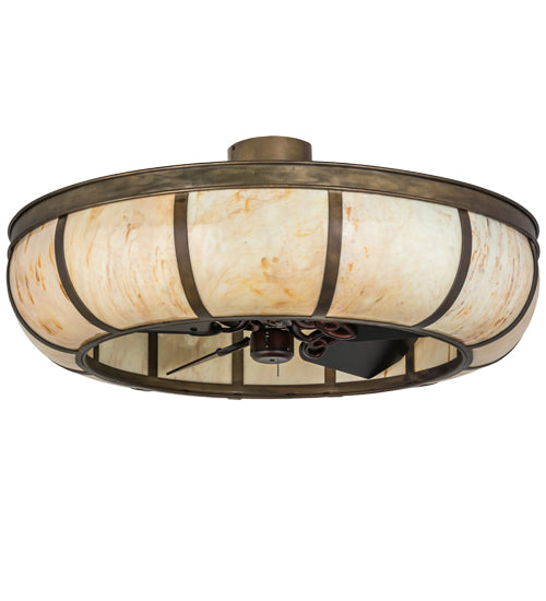 Meyda Lighting Prime 44" 8-Light Antique Copper Dome Chandelier With Beige Travertine Idalight Shade Glass and Fan