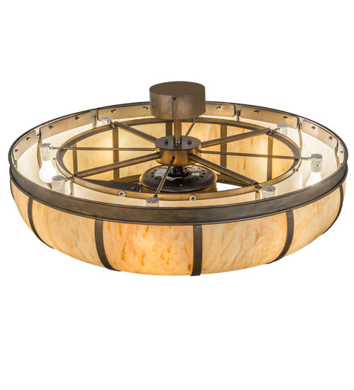 Meyda Lighting Prime 44" 8-Light Antique Copper Dome Chandelier With Beige Travertine Idalight Shade Glass and Fan