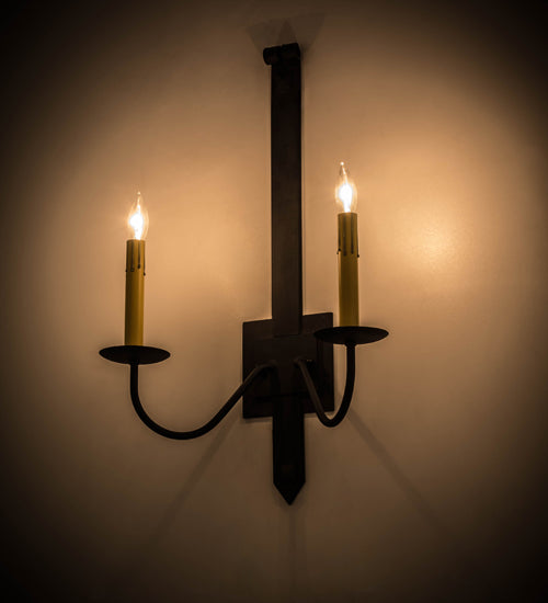 Meyda Lighting Primitive 15" 2-Light Costello Black Wall Sconce With Amber Faux Candlelight
