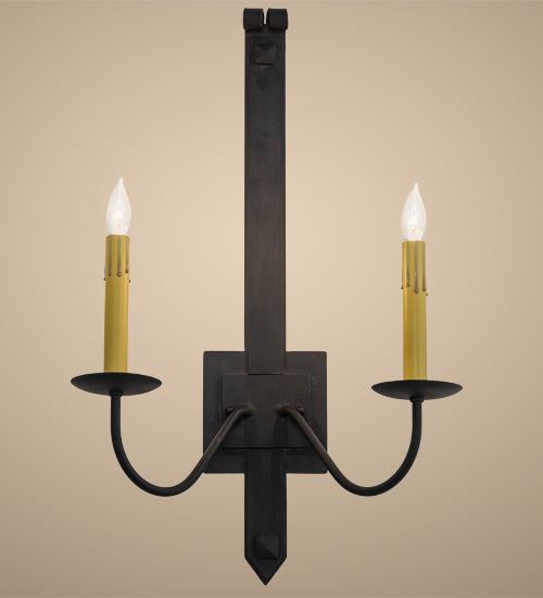 Meyda Lighting Primitive 15" 2-Light Costello Black Wall Sconce With Amber Faux Candlelight