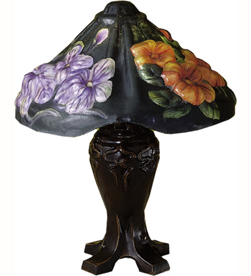 Meyda Lighting Puffy 19" Mahogany Bronze Iris Blossom Table Lamp With Multi-Colored Shade Glass