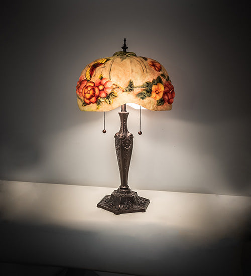 Meyda Lighting Puffy 25" 2-Light Mahogany Bronze Butterfly & Flowers Table Lamp With Multi-Colored Shade Glass