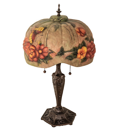 Meyda Lighting Puffy 25" 2-Light Mahogany Bronze Butterfly & Flowers Table Lamp With Multi-Colored Shade Glass
