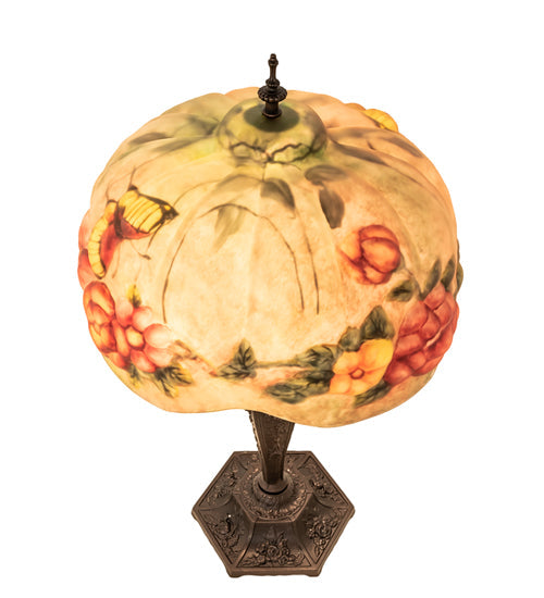 Meyda Lighting Puffy 25" 2-Light Mahogany Bronze Butterfly & Flowers Table Lamp With Multi-Colored Shade Glass