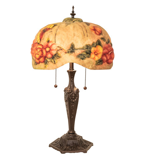 Meyda Lighting Puffy 25" 2-Light Mahogany Bronze Butterfly & Flowers Table Lamp With Multi-Colored Shade Glass