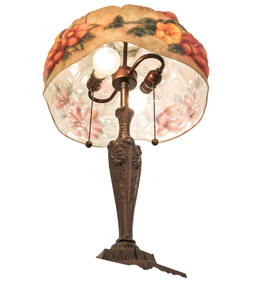 Meyda Lighting Puffy 25" 2-Light Mahogany Bronze Butterfly & Flowers Table Lamp With Multi-Colored Shade Glass