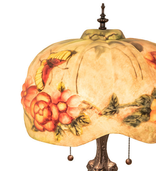 Meyda Lighting Puffy 25" 2-Light Mahogany Bronze Butterfly & Flowers Table Lamp With Multi-Colored Shade Glass