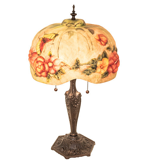 Meyda Lighting Puffy 25" 2-Light Mahogany Bronze Butterfly & Flowers Table Lamp With Multi-Colored Shade Glass