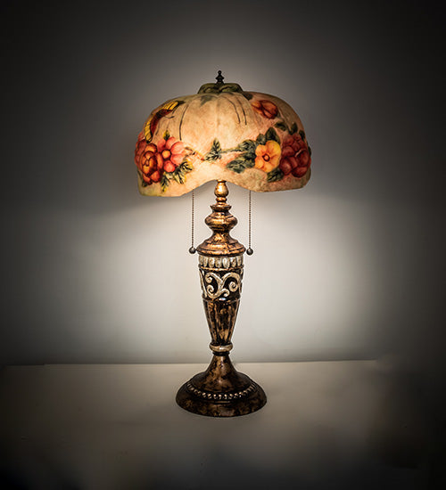 Meyda Lighting Puffy 27" 2-Light Gold & Silver Butterfly & Flowers Table Lamp With Multi-Colored Shade Glass