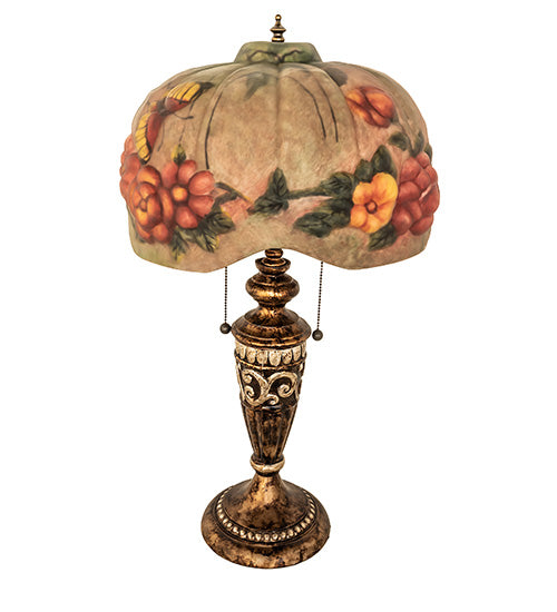 Meyda Lighting Puffy 27" 2-Light Gold & Silver Butterfly & Flowers Table Lamp With Multi-Colored Shade Glass