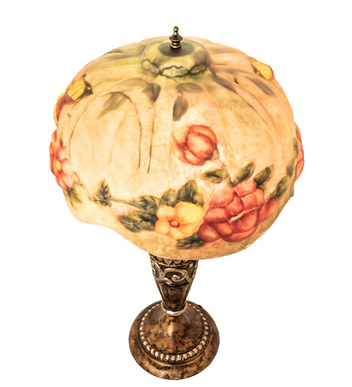 Meyda Lighting Puffy 27" 2-Light Gold & Silver Butterfly & Flowers Table Lamp With Multi-Colored Shade Glass
