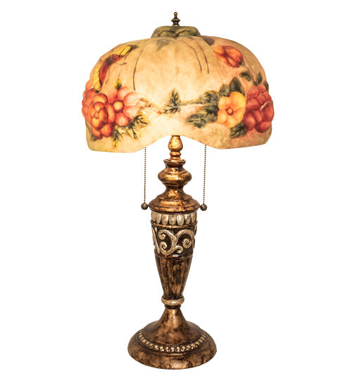Meyda Lighting Puffy 27" 2-Light Gold & Silver Butterfly & Flowers Table Lamp With Multi-Colored Shade Glass