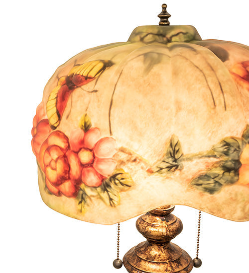 Meyda Lighting Puffy 27" 2-Light Gold & Silver Butterfly & Flowers Table Lamp With Multi-Colored Shade Glass