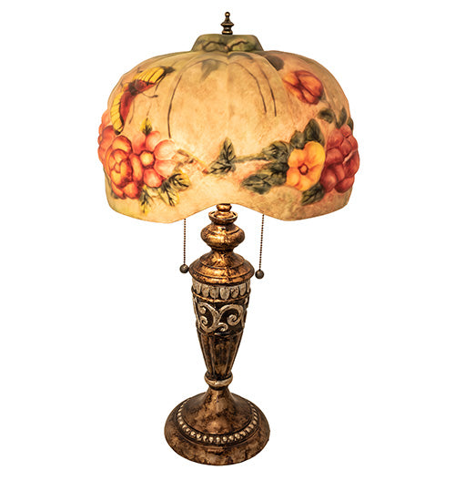 Meyda Lighting Puffy 27" 2-Light Gold & Silver Butterfly & Flowers Table Lamp With Multi-Colored Shade Glass