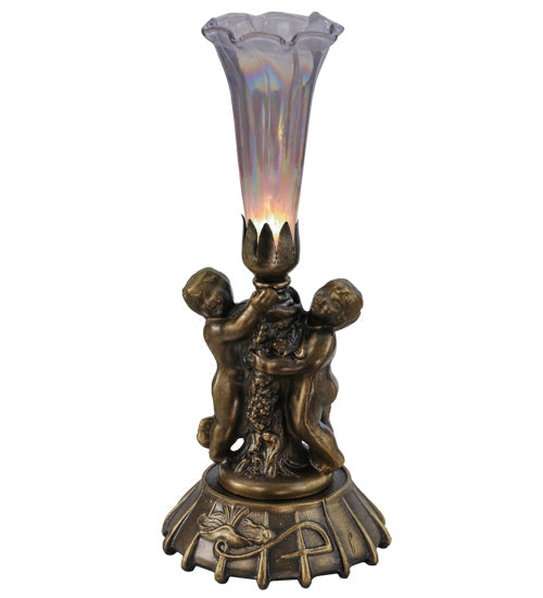 Meyda Lighting Purple Iridescent Pond Lily 12" Mahogany Bronze Twin Cherub Mini Table Lamp With Purple Iridescent Shade Glass