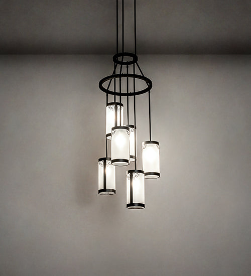 Meyda Lighting Putrelo 24" 6-Light Old Wrought Iron Cascading Chandelier With Contrail Mist Idalight Shade