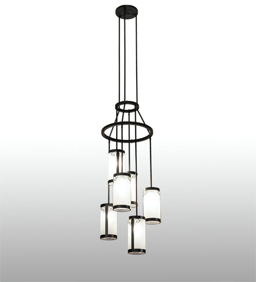 Meyda Lighting Putrelo 24" 6-Light Old Wrought Iron Cascading Chandelier With Contrail Mist Idalight Shade