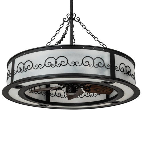 Meyda Lighting Putrelo 45" 16-Light Old Wrought Iron Chandelier With Contrail Mist Idalight Shade and Fan