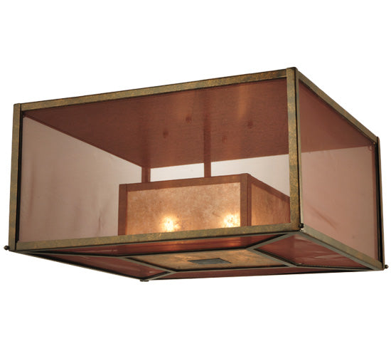 Meyda Lighting Quadrato 34" 4-Light Gilded Tobacco Umador Flush Mount Light With Silver Mica And Coffee Textralite Shade