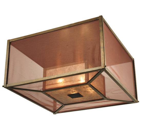 Meyda Lighting Quadrato 34" 4-Light Gilded Tobacco Umador Flush Mount Light With Silver Mica And Coffee Textralite Shade