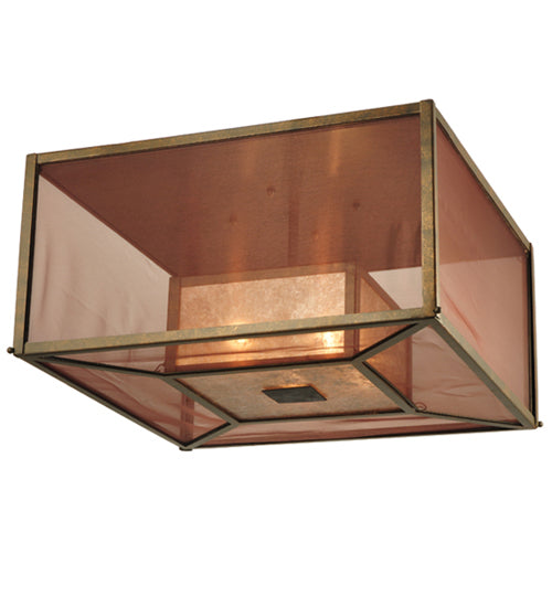 Meyda Lighting Quadrato 34" 4-Light Gilded Tobacco Umador Flush Mount Light With Silver Mica And Coffee Textralite Shade