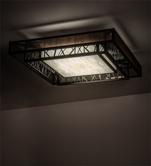 Meyda Lighting Quadrato 36"Sq Dark Bronze & White Rich Umador Semi-flush Mount Light With Brown & Beige Shade
