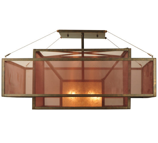 Meyda Lighting Quadrato 51" 4-Light Gilded Tobacco Umador Semi-flush Mount Ceiling Light With Amber Mica and Coffee Textralite Shade