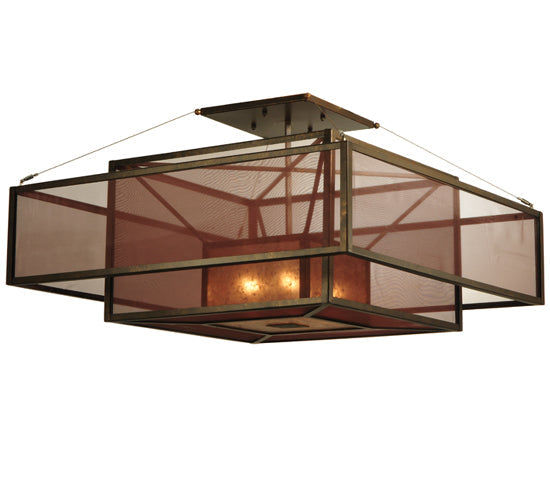 Meyda Lighting Quadrato 51" 4-Light Gilded Tobacco Umador Semi-flush Mount Ceiling Light With Amber Mica and Coffee Textralite Shade