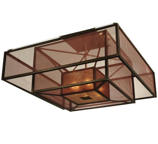 Meyda Lighting Quadrato 51" 4-Light Gilded Tobacco Umador Semi-flush Mount Ceiling Light With Amber Mica and Coffee Textralite Shade