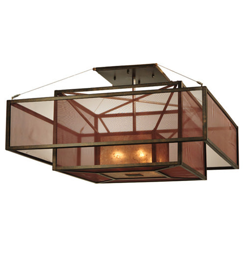 Meyda Lighting Quadrato 51" 4-Light Gilded Tobacco Umador Semi-flush Mount Ceiling Light With Amber Mica and Coffee Textralite Shade