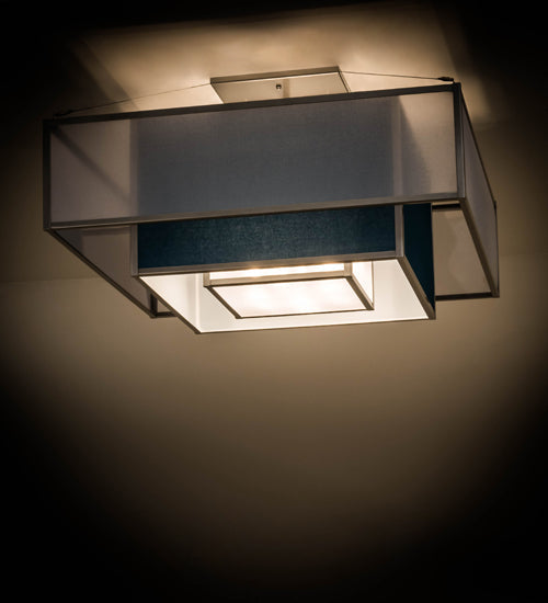 Meyda Lighting Quadrato 51" 4-Light Nickel Umador Semi-flush Mount Light With Teal Linen Textrene & Silver TextraLite Shade