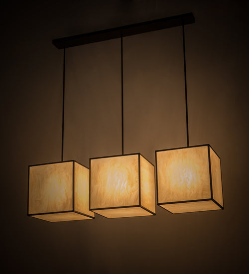 Meyda Lighting Quadrato 57" 3-Light Chestnut Kessler Island Pendant Light With Beige Sahara Taupe Idalight Shade Glass
