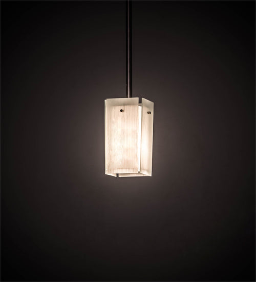 Meyda Lighting Quadrato 6" Brushed Nickel Mini Pendant Light With White Cylinder & Frosted Rainy Shade Glass