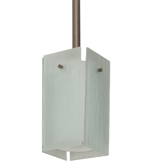 Meyda Lighting Quadrato 6" Brushed Nickel Mini Pendant Light With White Cylinder & Frosted Rainy Shade Glass