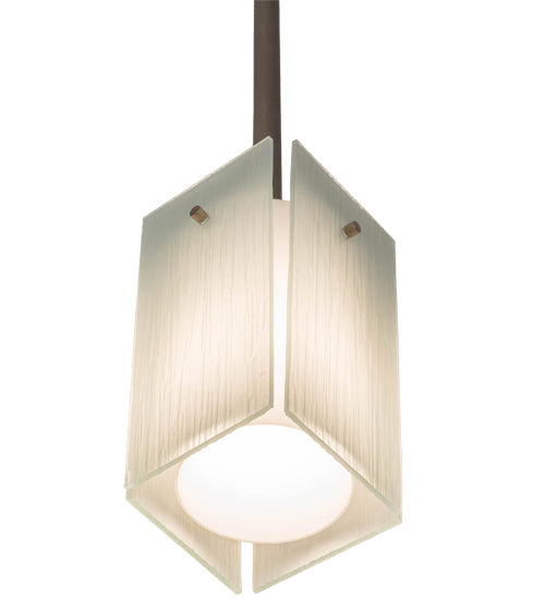 Meyda Lighting Quadrato 6" Brushed Nickel Mini Pendant Light With White Cylinder & Frosted Rainy Shade Glass