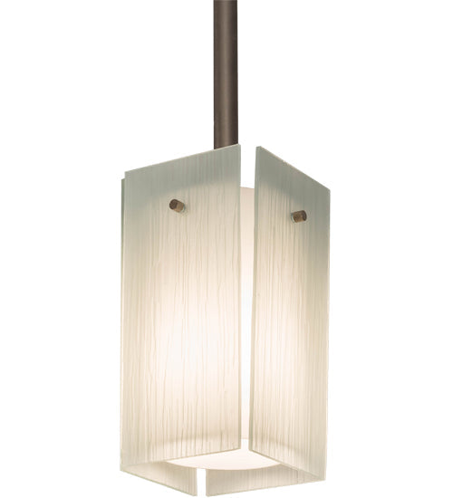 Meyda Lighting Quadrato 6" Brushed Nickel Mini Pendant Light With White Cylinder & Frosted Rainy Shade Glass