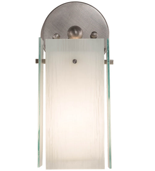 Meyda Lighting Quadrato 6" Brushed Nickel Wall Sconce With White Cylinder & Frosted Rainy Shade Glass
