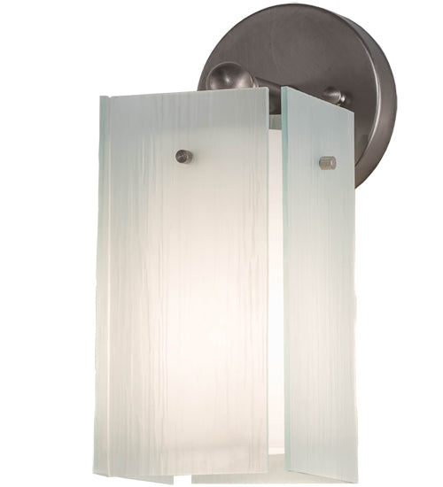 Meyda Lighting Quadrato 6" Brushed Nickel Wall Sconce With White Cylinder & Frosted Rainy Shade Glass