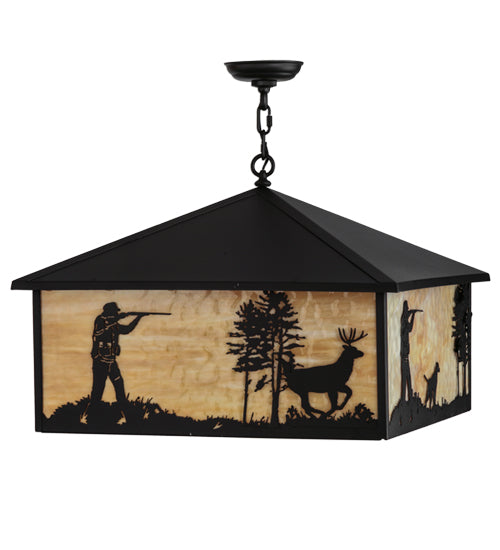 Meyda Lighting Quail & Deer Hunter 34" 4-Light Black Pendant Light With Beige Shade Glass