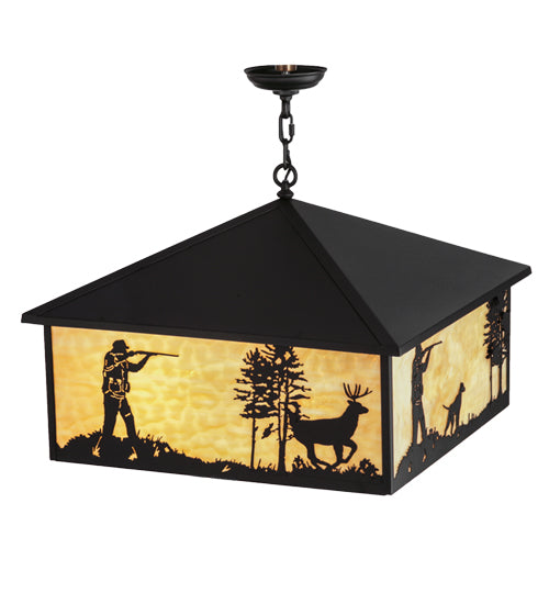 Meyda Lighting Quail & Deer Hunter 34" 4-Light Black Pendant Light With Beige Shade Glass