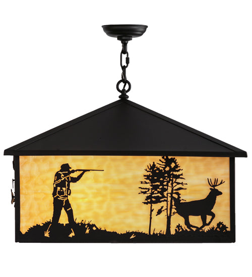 Meyda Lighting Quail & Deer Hunter 34" 4-Light Black Pendant Light With Beige Shade Glass