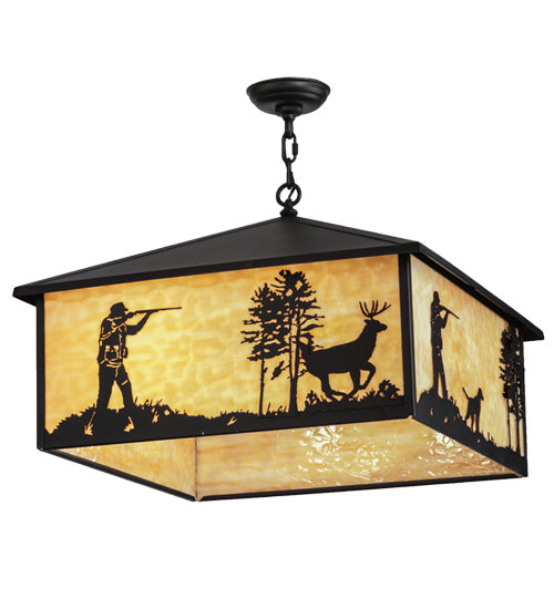 Meyda Lighting Quail & Deer Hunter 34" 4-Light Black Pendant Light With Beige Shade Glass