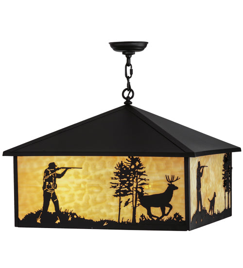 Meyda Lighting Quail & Deer Hunter 34" 4-Light Black Pendant Light With Beige Shade Glass