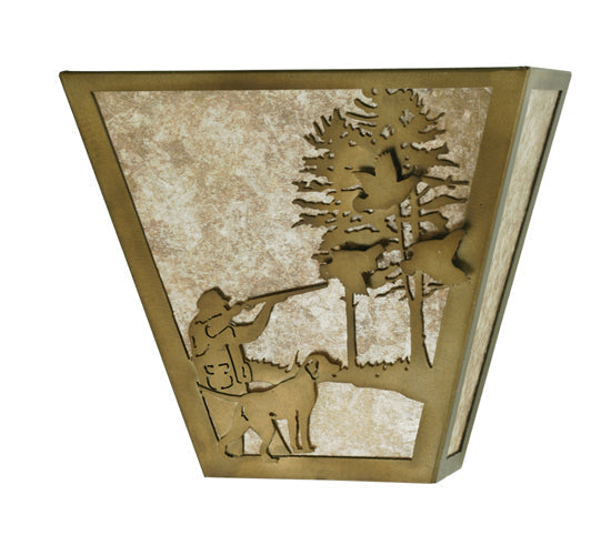 Meyda Lighting Quail Hunter With Dog 13" 2-Light Antique Copper Wall Sconce With Silver Mica Shade Glass
