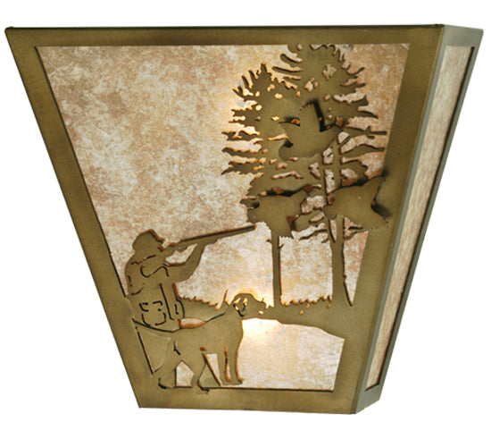 Meyda Lighting Quail Hunter With Dog 13" 2-Light Antique Copper Wall Sconce With Silver Mica Shade Glass