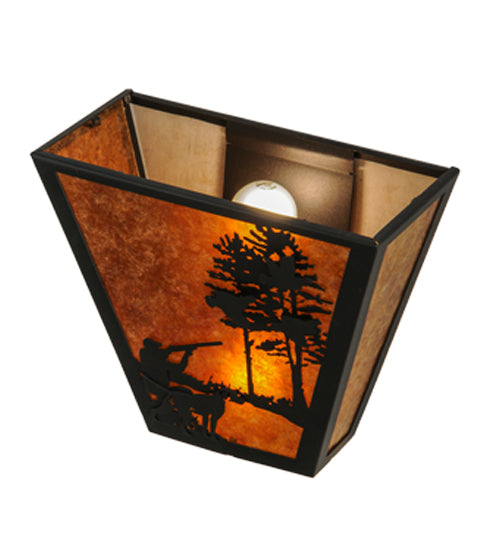 Meyda Lighting Quail Hunter With Dog 13" 2-Light Textured Black Wall Sconce With Amber Mica Shade Glass