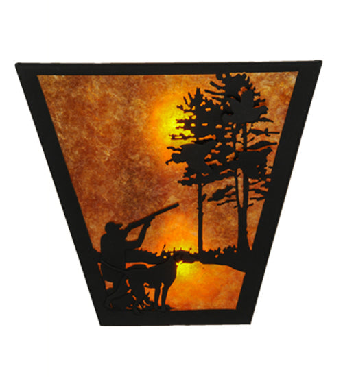 Meyda Lighting Quail Hunter With Dog 13" 2-Light Textured Black Wall Sconce With Amber Mica Shade Glass