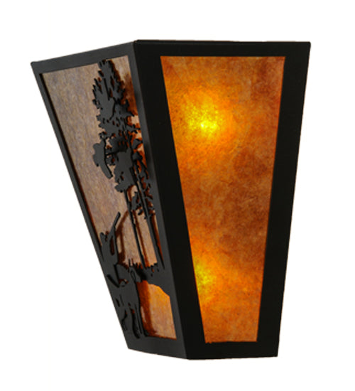 Meyda Lighting Quail Hunter With Dog 13" 2-Light Textured Black Wall Sconce With Amber Mica Shade Glass