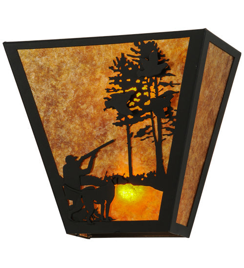 Meyda Lighting Quail Hunter With Dog 13" 2-Light Textured Black Wall Sconce With Amber Mica Shade Glass